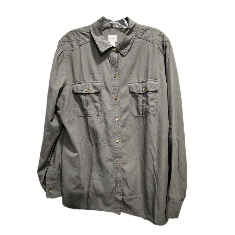 Chicos Olive Green Quilted Shoulder Utility Button Down Shirt Size 3 XL
